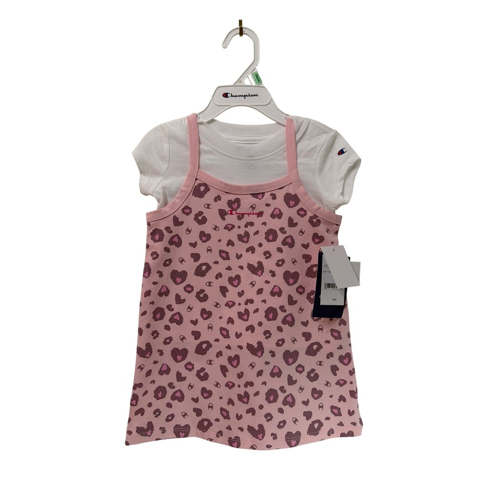 Champion Baby Girls 2-Piece Set Pink Leopard Heart Print Jumper Dress 18M NEW